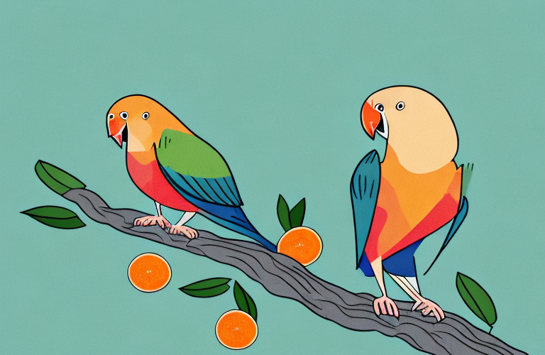 A lovebird perched on a branch with a clementine in its beak