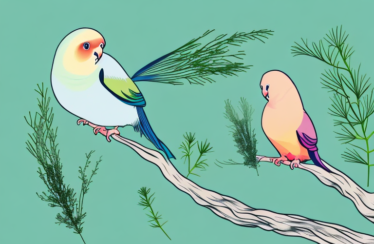 A lovebird perched on a branch with a dill plant in the background
