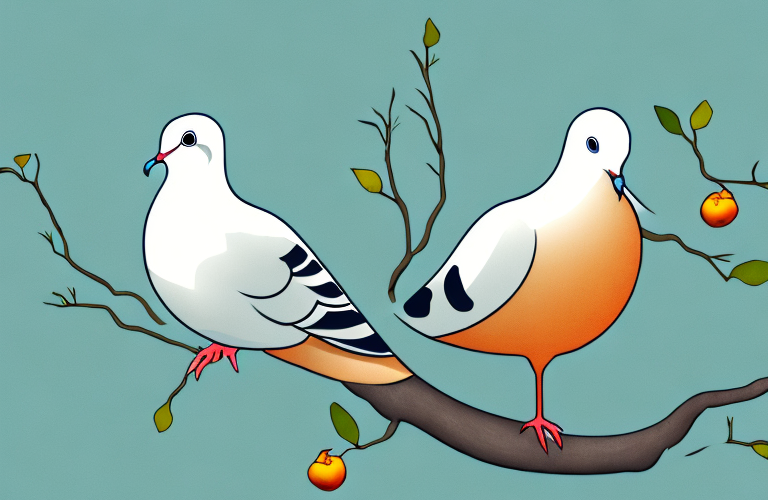 A dove perched on a branch with a persimmon in its beak