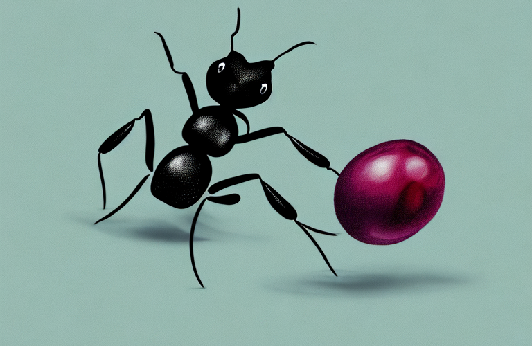 An ant carrying a black currant