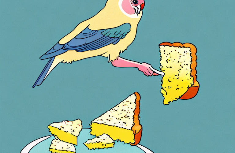 A lovebird eating a piece of cornbread