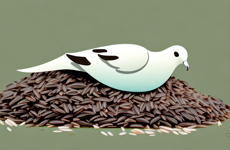 A dove eating wild rice in a natural setting