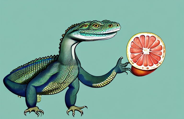A monitor lizard eating a grapefruit