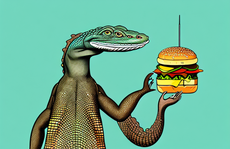 A monitor lizard eating a hamburger