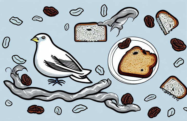 A bird eating a slice of raisin bread