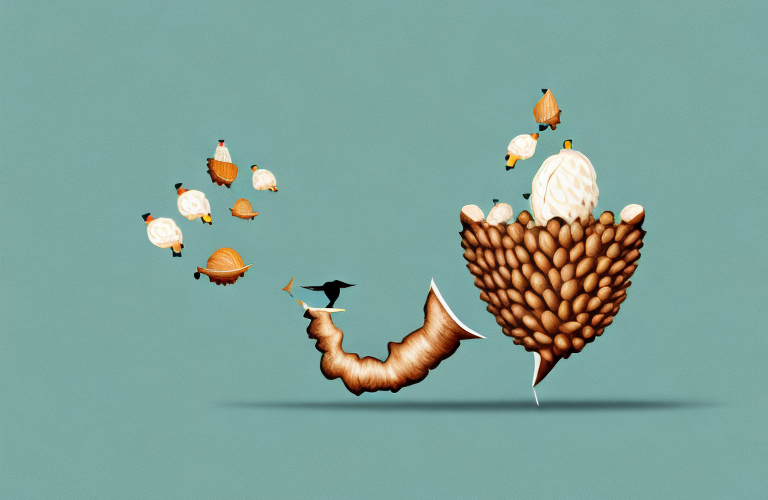 A bird eating an acorn