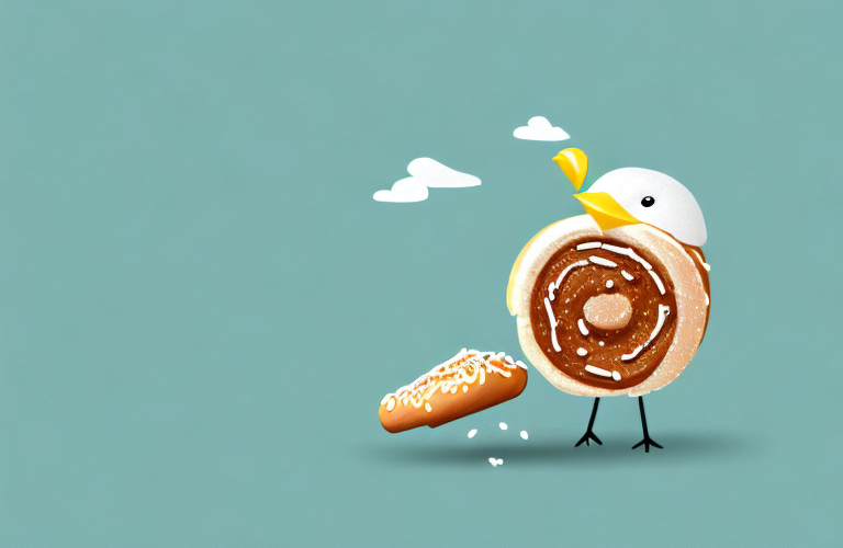 A bird eating a sweet roll