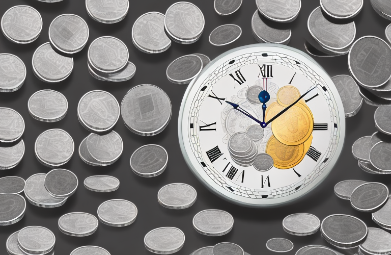 A stack of coins with a clock in the background