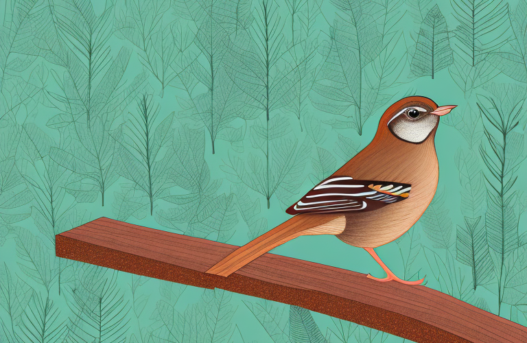 A chestnut-colored bird perched on a rail in a forest