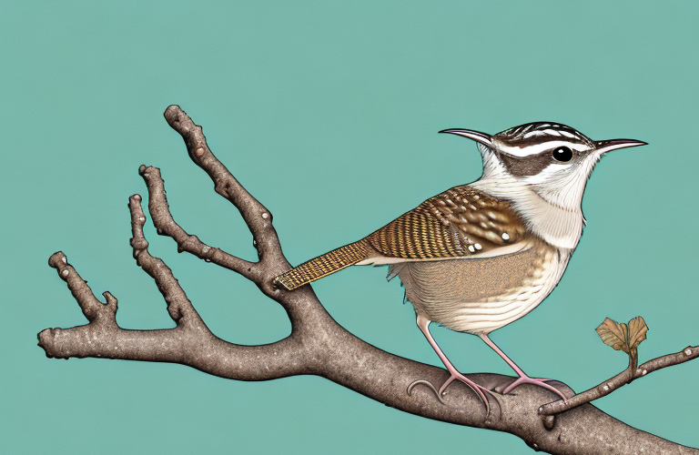 A cobb's wren perched on a branch with its wings spread